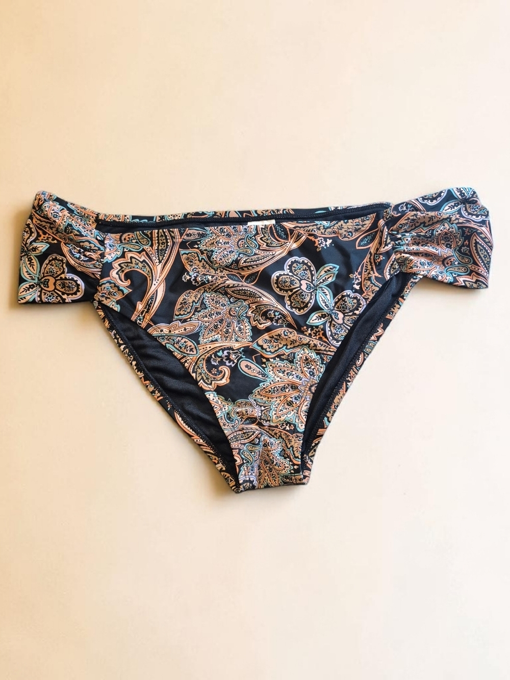 Time and Tru Black Paisley Bikini Bottom with Tan & Teal Accents